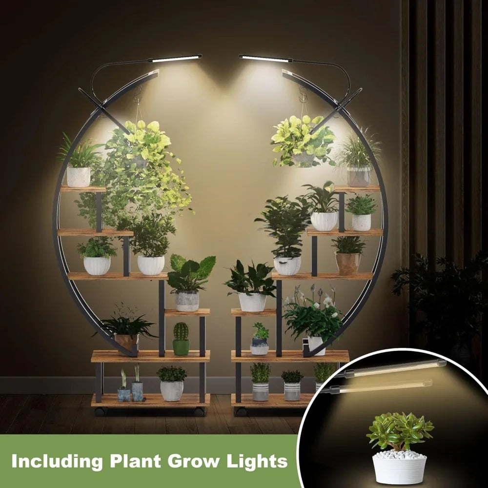 Plant Stand with Grow Light, 6 Tier Tall Plant Stand Indoor with 4 Hanging Hooks, Half Moon Shaped Ladder Plant Shelf Display