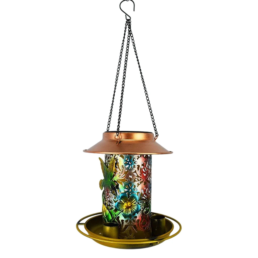 Solar Outdoor Bird Feeder LED Lamp Hanging Hummingbird Feeders IP55 Waterproof Bronze Metal Tray Bird Feeder Garden Yard Decor