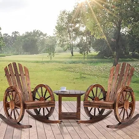 3 Pieces Outdoor Wood Rocking Chair Set, 2 Patio Decor Yard Glider Rocking Chairs with 1 Side Table, Adirondack Rocking Chair f