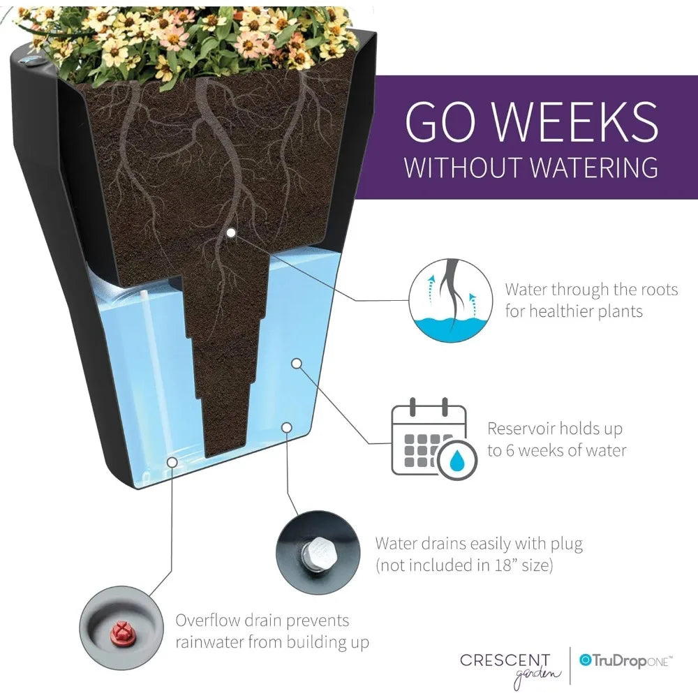 Crescent Garden Rim TruDrop Planter, Self-Watering Plant Pot, 18-Inch (Caviar Black)