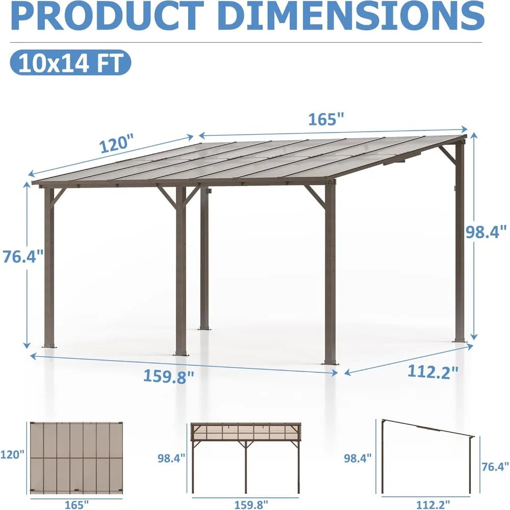 10x14 FT Gazebo, Hard Top Lean to Gazebo, Large Pergolas and Gazebos Clearance, Wall Mounted Gazebos Canopy Awnings