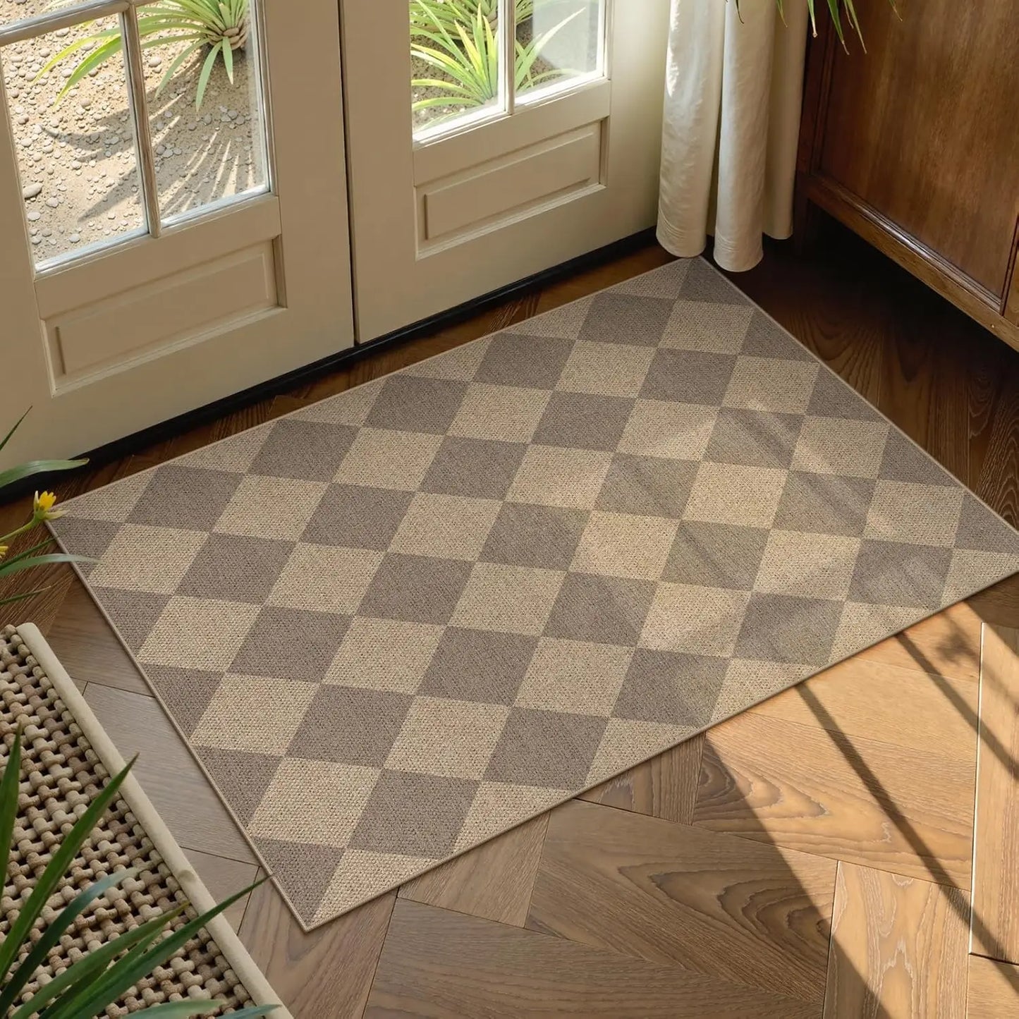 Checkered Easy Jute 3x5 Outdoor Patio Rug, Washable Rugs, Farmhouse Neutral Non Slip Black Door Carpet for Backyard Bedroom, Rug