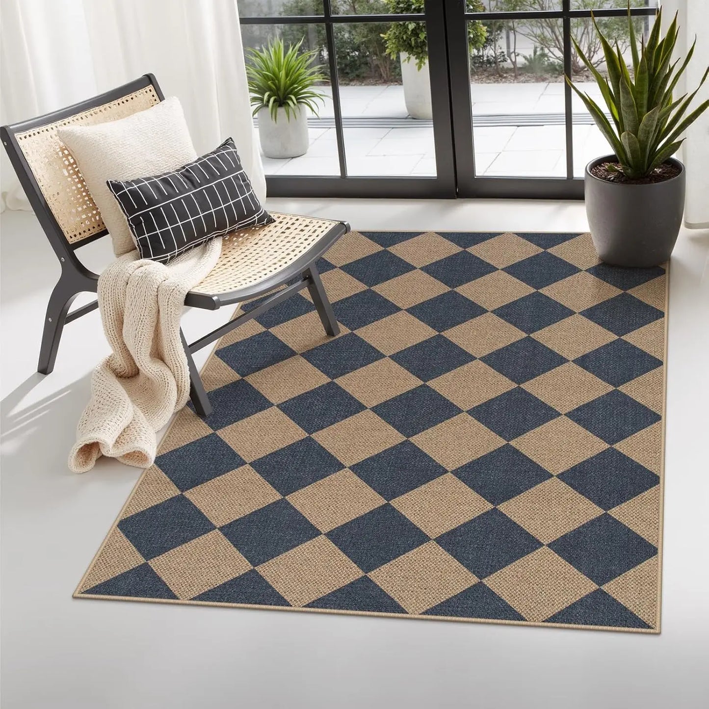Checkered Easy Jute 3x5 Outdoor Patio Rug, Washable Rugs, Farmhouse Neutral Non Slip Black Door Carpet for Backyard Bedroom, Rug