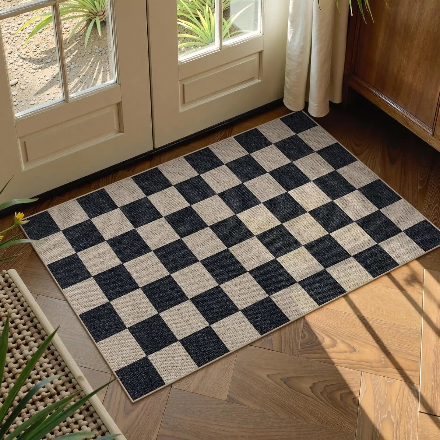 Checkered Easy Jute 3x5 Outdoor Patio Rug, Washable Rugs, Farmhouse Neutral Non Slip Black Door Carpet for Backyard Bedroom, Rug