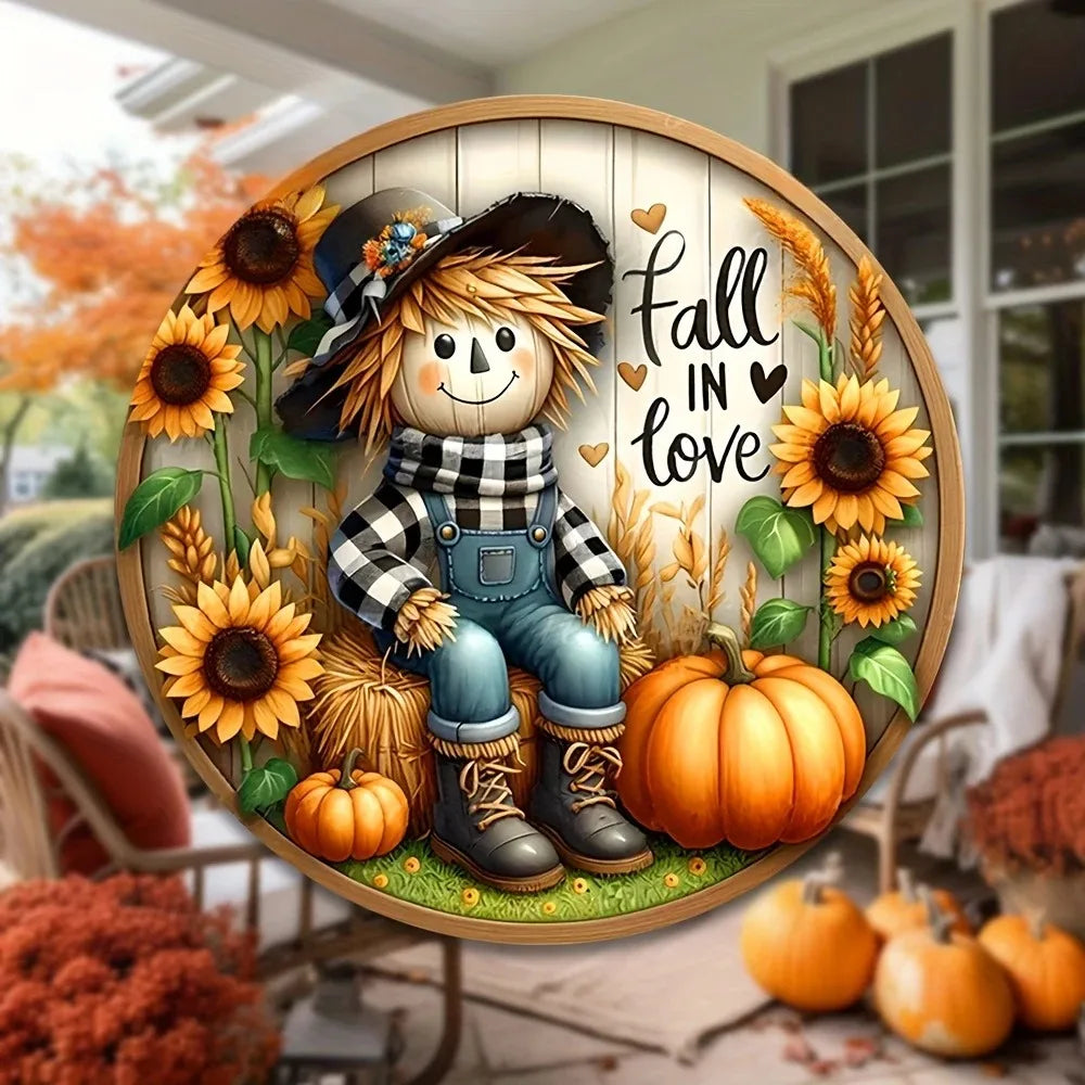 Tin Painting - Charming Scarecrow & Fall Harvest 7.9"X7.9" Sign | Round Wreath Centerpiece for Door & Wall | Ideal Home Decor