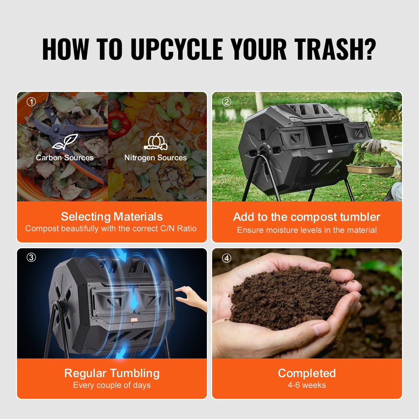 VEVOR Compost Bin 18.5/37/43-Gal Dual Chamber Composting Tumbler BPA Free Composter Bin Tumbler for Garden Kitchen Yard Outdoor