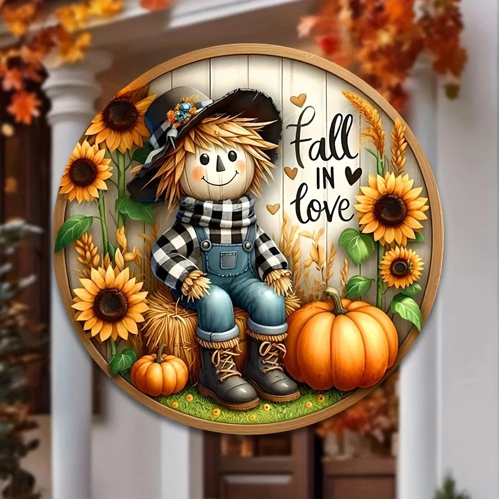 Tin Painting - Charming Scarecrow & Fall Harvest 7.9"X7.9" Sign | Round Wreath Centerpiece for Door & Wall | Ideal Home Decor