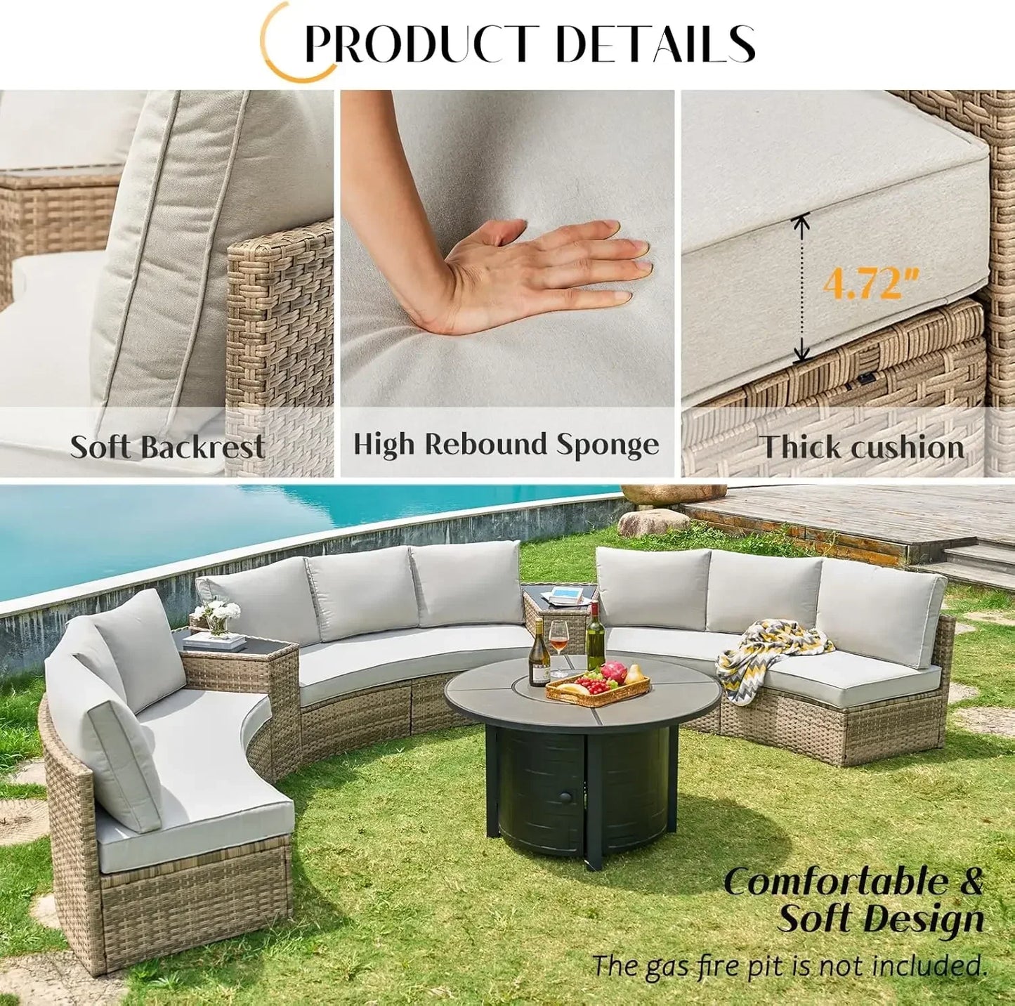 Patio Conversation Set,11 Piece Half-Moon Sectional Round Patio Furniture Set with Large Storage Wedge Table,for Backyard Garden