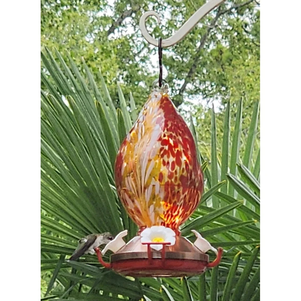 Hand-Blown Glass Hummingbird Feeder Unique Red Swirl Design Copper Base Durable Leak-Proof Easy Clean Garden Decor Gift