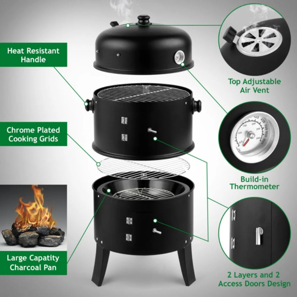 Vertical Charcoal Smoker Portable Outdoor Grill Cooker with Built-in Thermometer for Outdoor Backyard Cooking Grilling Camping