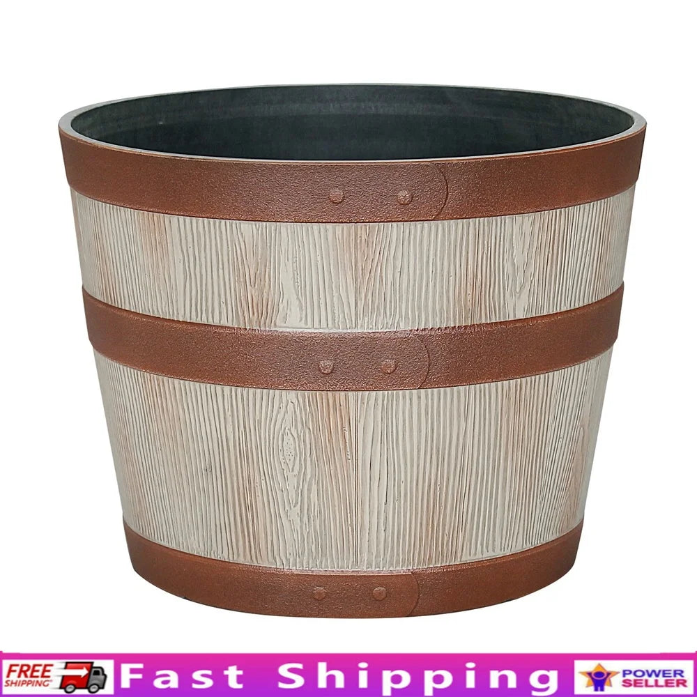 Whiskey Barrel Resin Planter Durable Indoor Outdoor Round Pot with Drainage Holes Frost Resistant Lightweight Easy Care