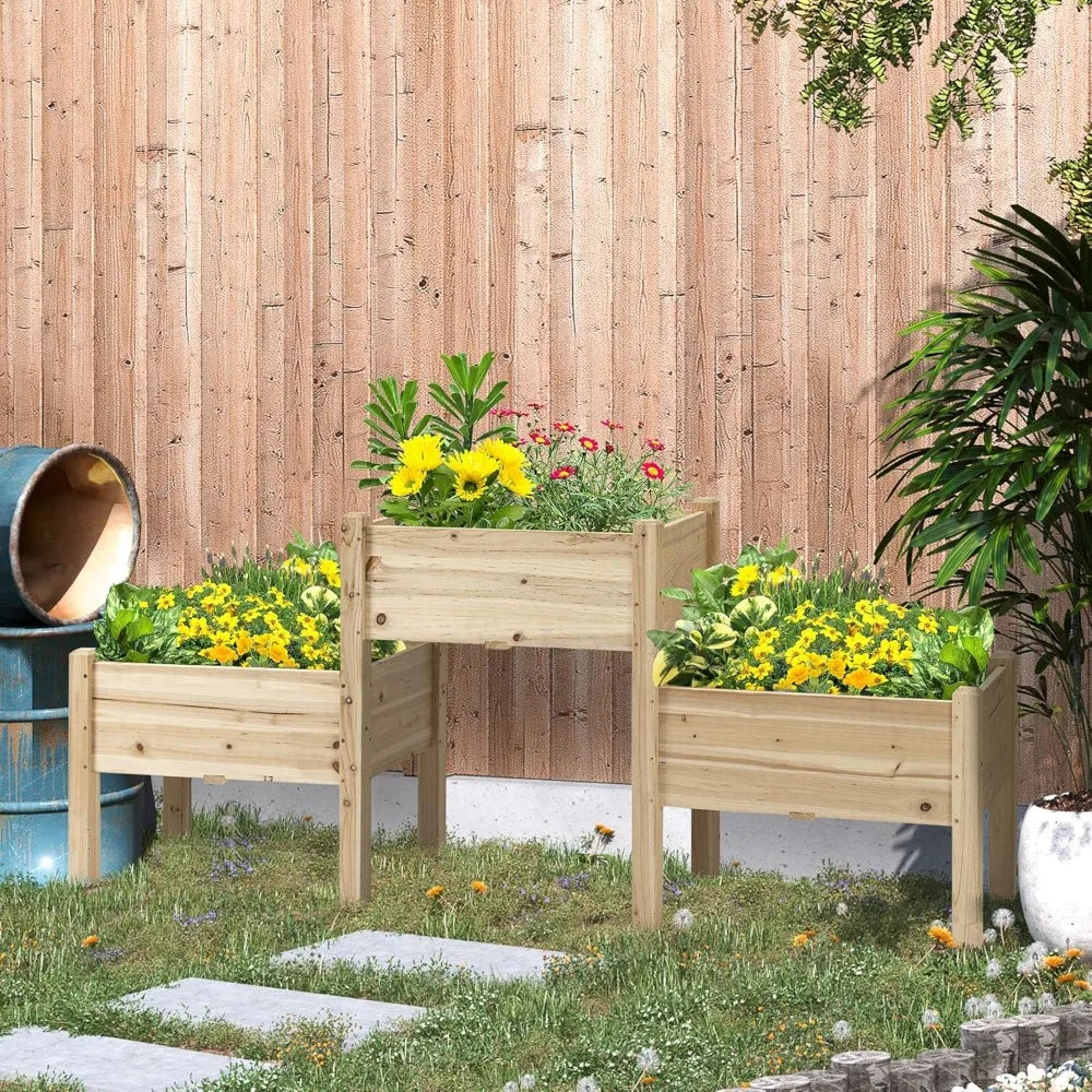 Outsunny Raised Garden Bed with 3 Planter Box, Elevated Wooden Plant Stand with Drainage Holes, for Vegetables, Herb and Flowers