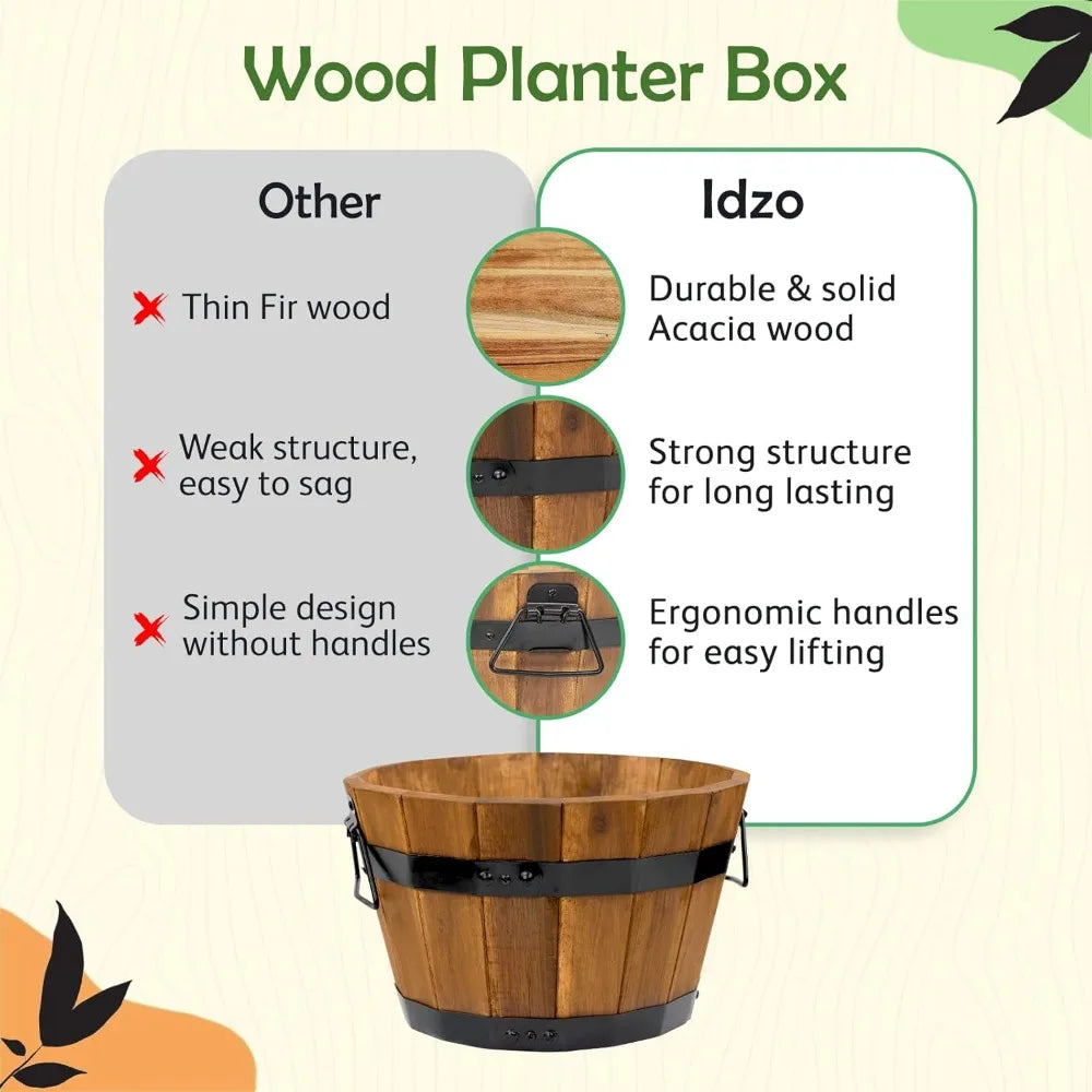 Set of 3, with Ergonomic Handles, Drainage Holes, Multiple Sizes Wood Bucket Planter Light Brown, Flower Pots
