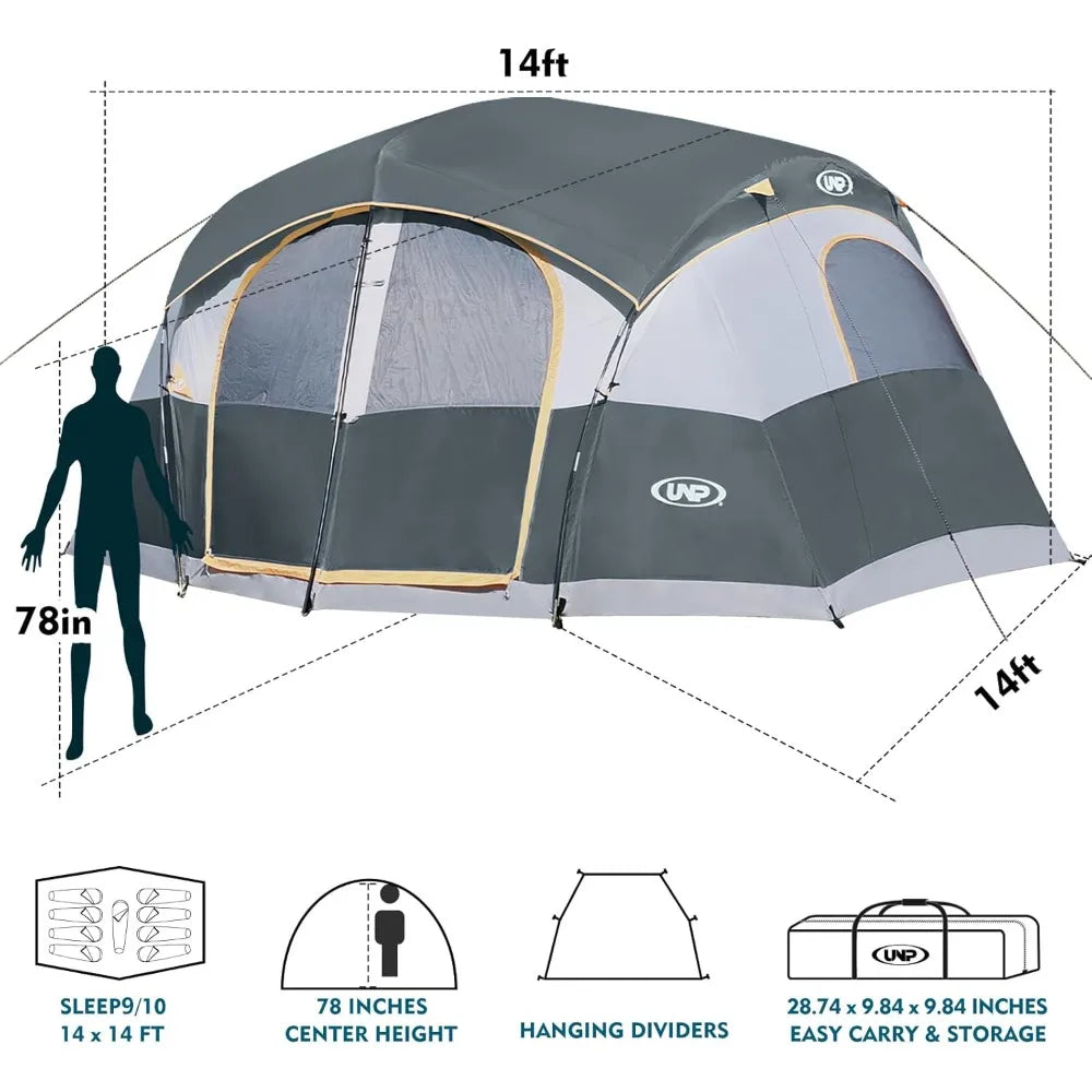 UNP Camping Tent 8/9 Person, Family Camping Tent, 5 Large Ventilation Mesh Windows, 14'x14'x78 inches Tall with Dividers Curtain