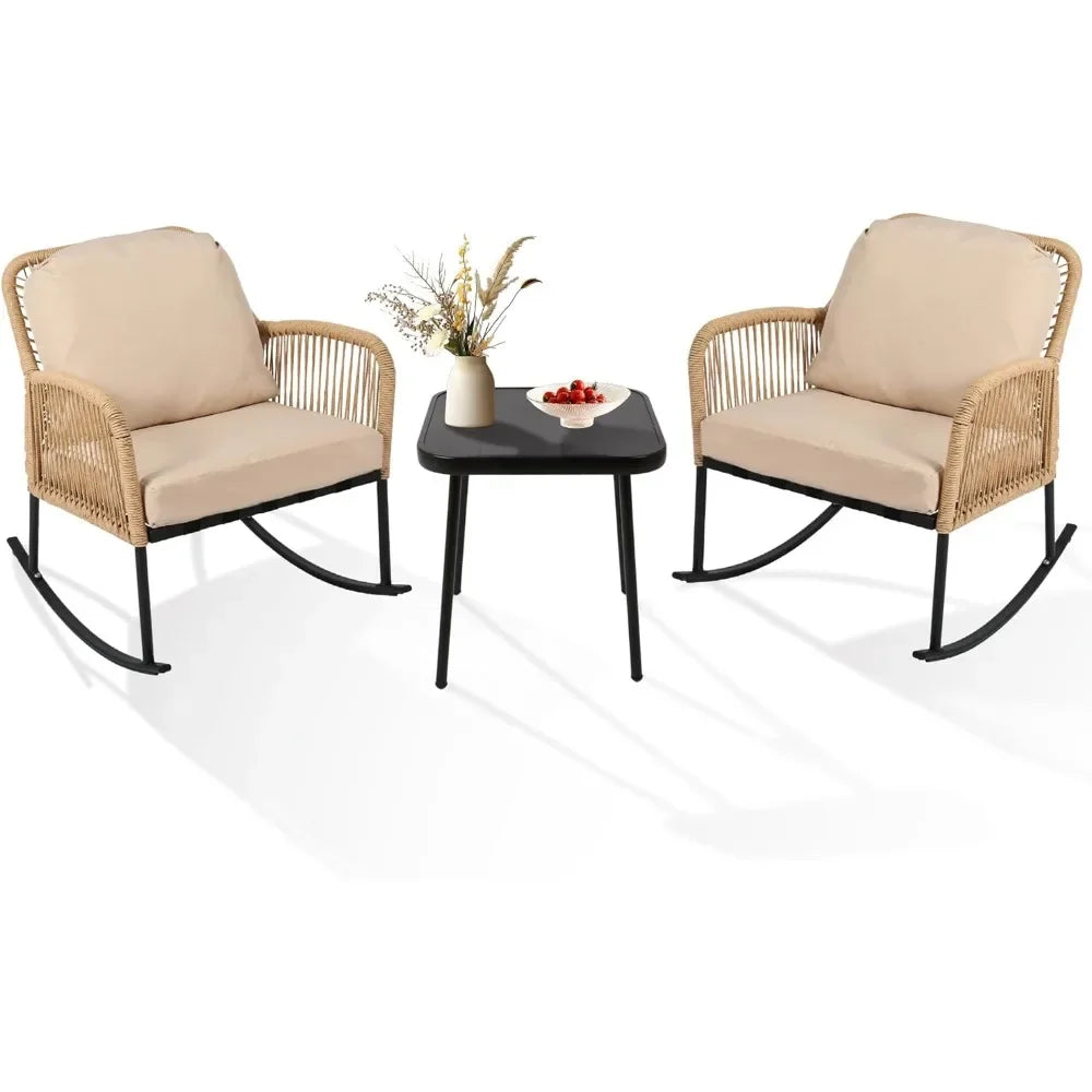 Boho Patio Rocking Chairs Set of 2 with Coffee Table,3 Piece Outdoor Patio Furniture Set,Modern Rope Chair and Table for Balcony