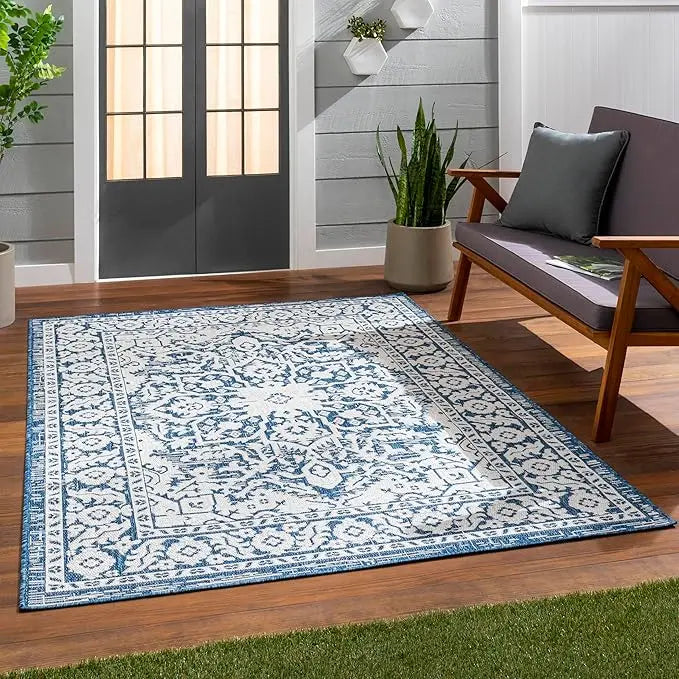 Outdoor Rugs, 8x10 Antibes Global Indoor/Outdoor Black Area Rug, Non Shedding Black White Carpet for Patio, Outdoor Carpet