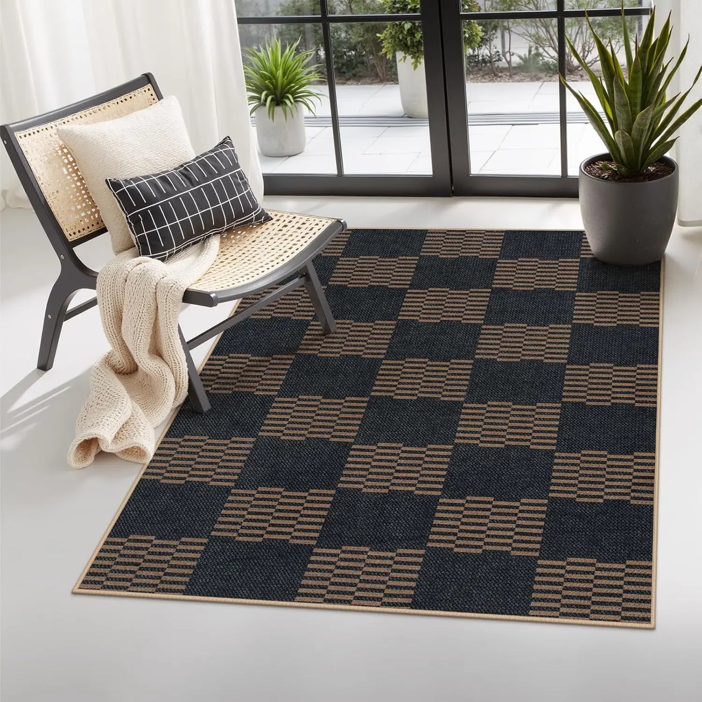 Checkered Easy Jute 3x5 Outdoor Patio Rug, Washable Rugs, Farmhouse Neutral Non Slip Black Door Carpet for Backyard Bedroom, Rug