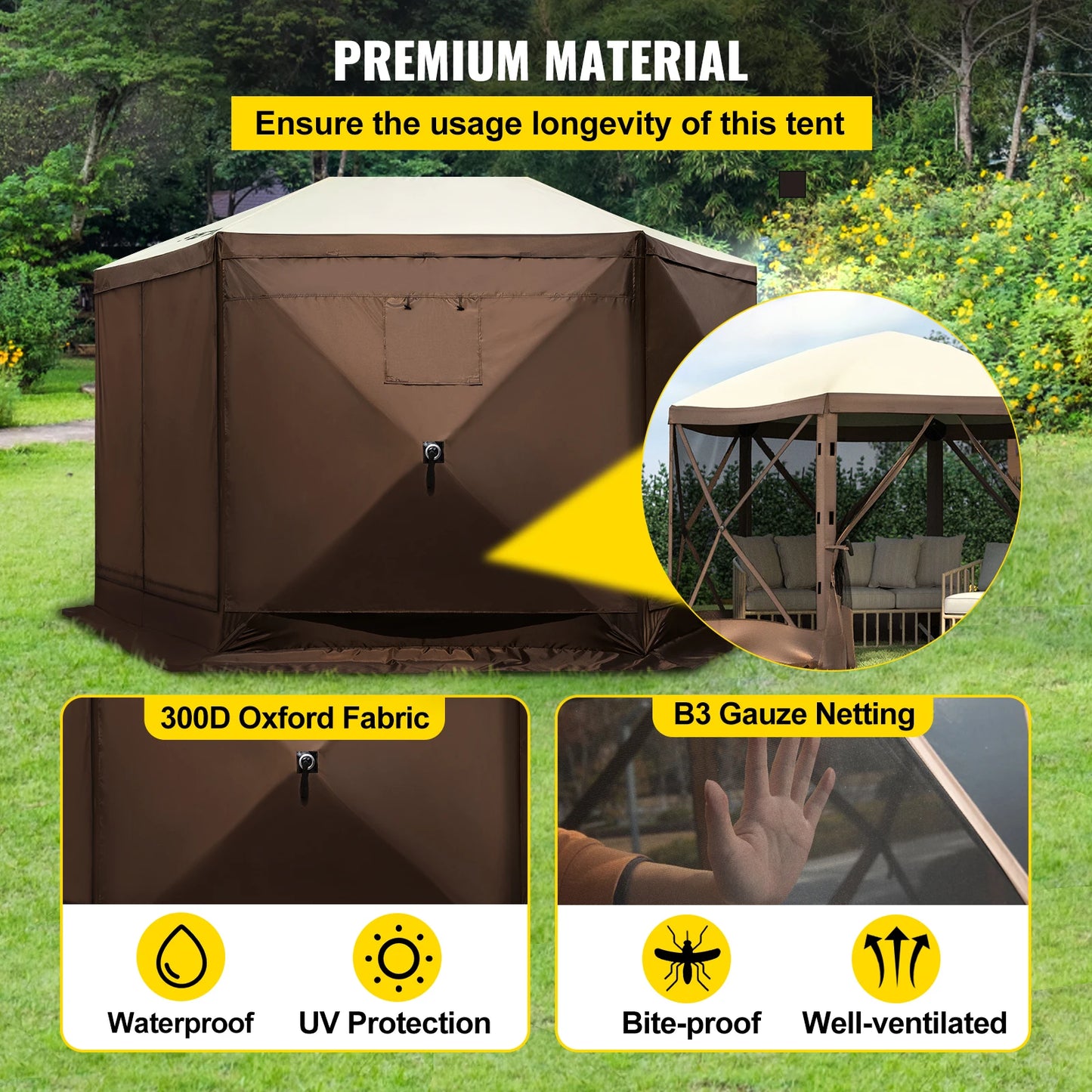 VEVOR Pop-up Camping Gazebo Camping Canopy Shelter 6 Sided 12' x 12' / 10' x 10' Sun Shade Tents & Canopies Camping & Hiking