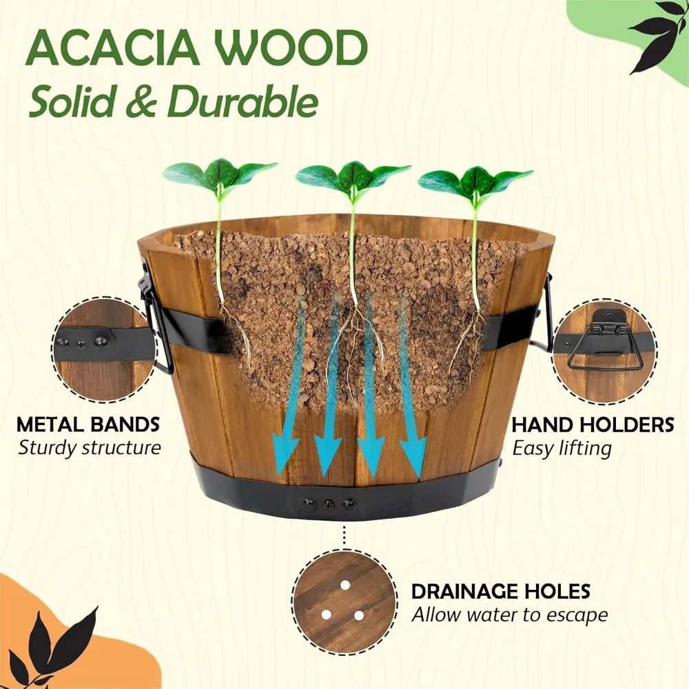 Set of 3, with Ergonomic Handles, Drainage Holes, Multiple Sizes Wood Bucket Planter Light Brown, Flower Pots