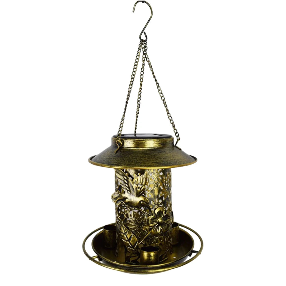 Solar Outdoor Bird Feeder LED Lamp Hanging Hummingbird Feeders IP55 Waterproof Bronze Metal Tray Bird Feeder Garden Yard Decor
