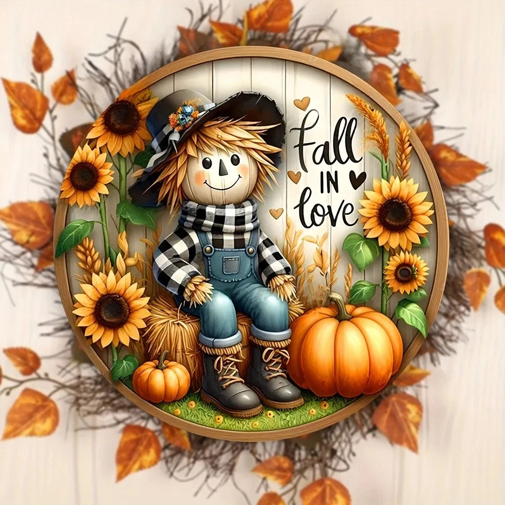 Tin Painting - Charming Scarecrow & Fall Harvest 7.9"X7.9" Sign | Round Wreath Centerpiece for Door & Wall | Ideal Home Decor