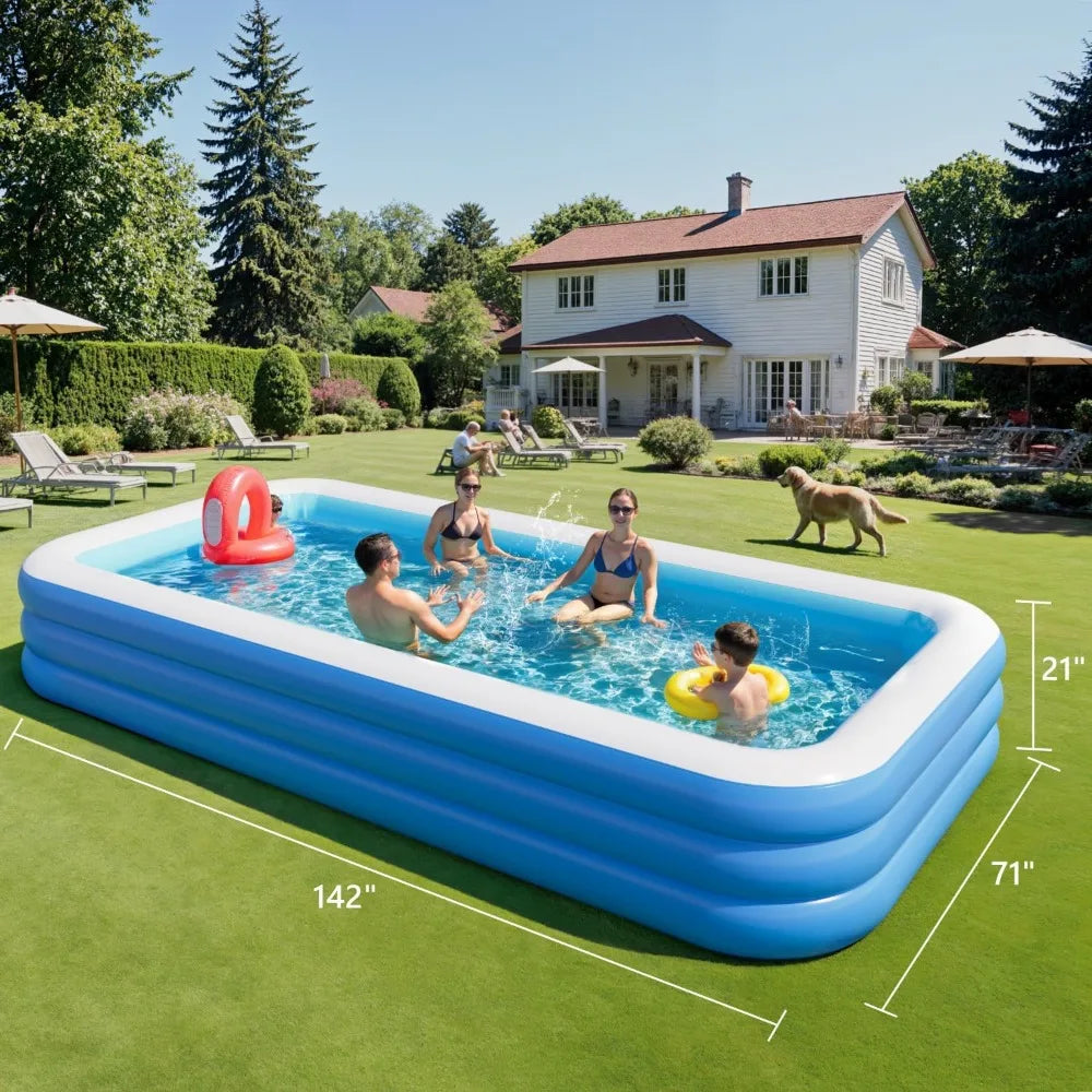 Inflatable Pool for Kids and Adults,Outdoor Hot Tubs,142" x 71" x 21" Blow Up Pools, Rectangular Family Swimming Pool
