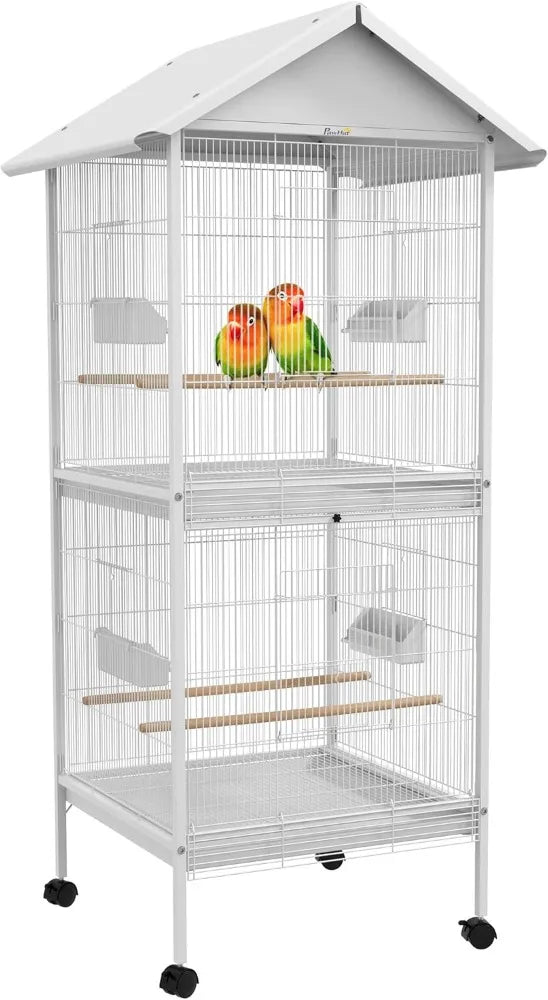 Wrought Metal Bird Cage Feeder with Rolling Stand Perches Food Containers Doors Wheels 67" H, White