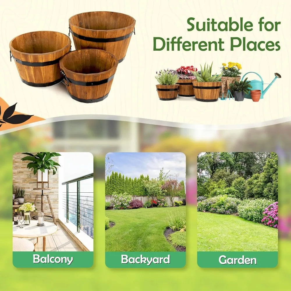 Set of 3, with Ergonomic Handles, Drainage Holes, Multiple Sizes Wood Bucket Planter Light Brown, Flower Pots