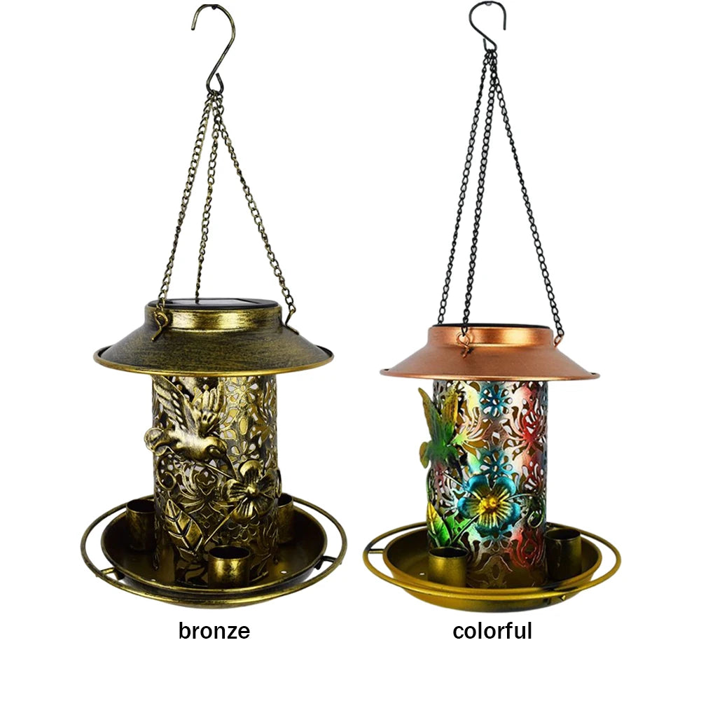 Solar Outdoor Bird Feeder LED Lamp Hanging Hummingbird Feeders IP55 Waterproof Bronze Metal Tray Bird Feeder Garden Yard Decor