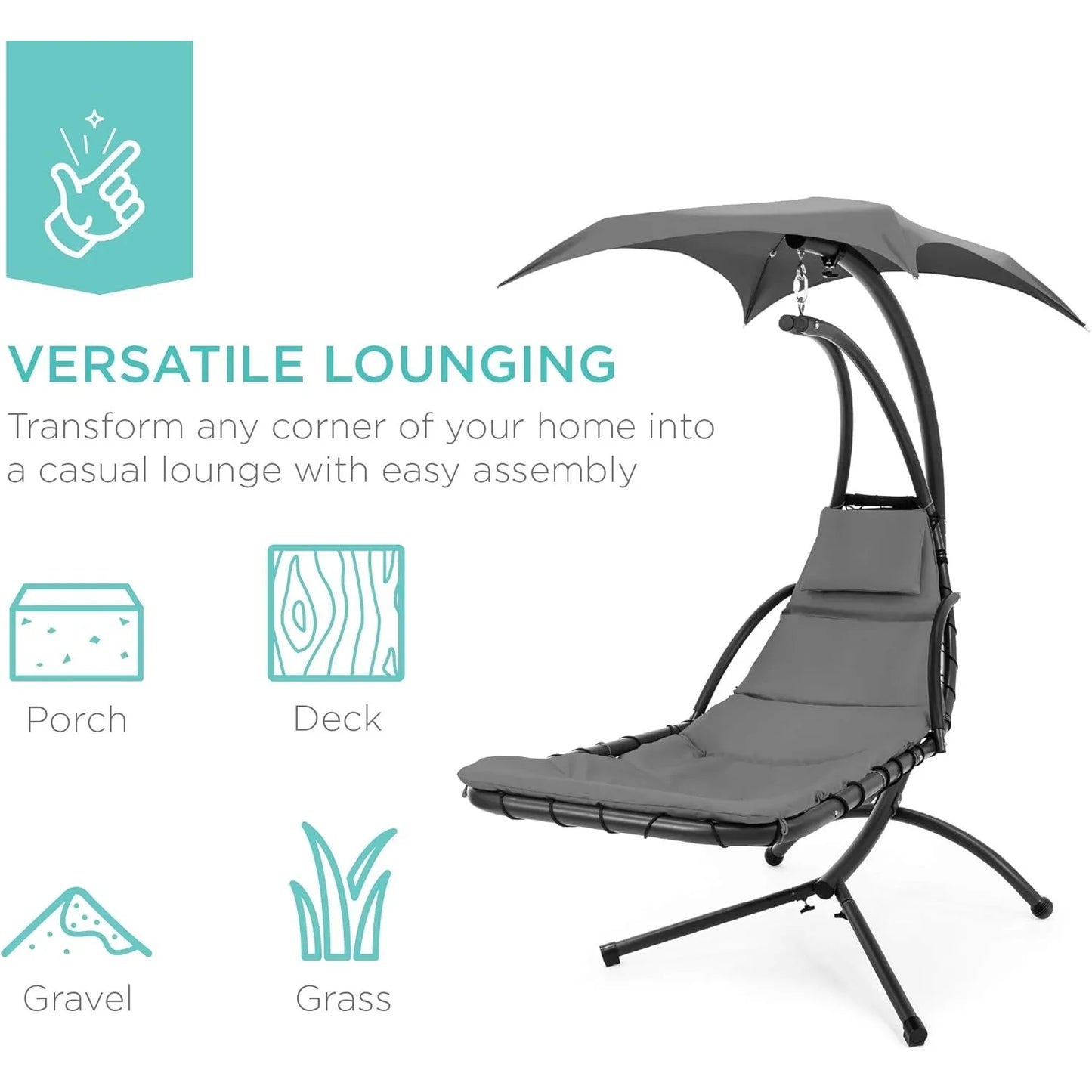 Outdoor Hanging Curved Steel Chaise Lounge Chair Swing w/Built-in Pillow and Removable Canopy - Charcoal Gray
