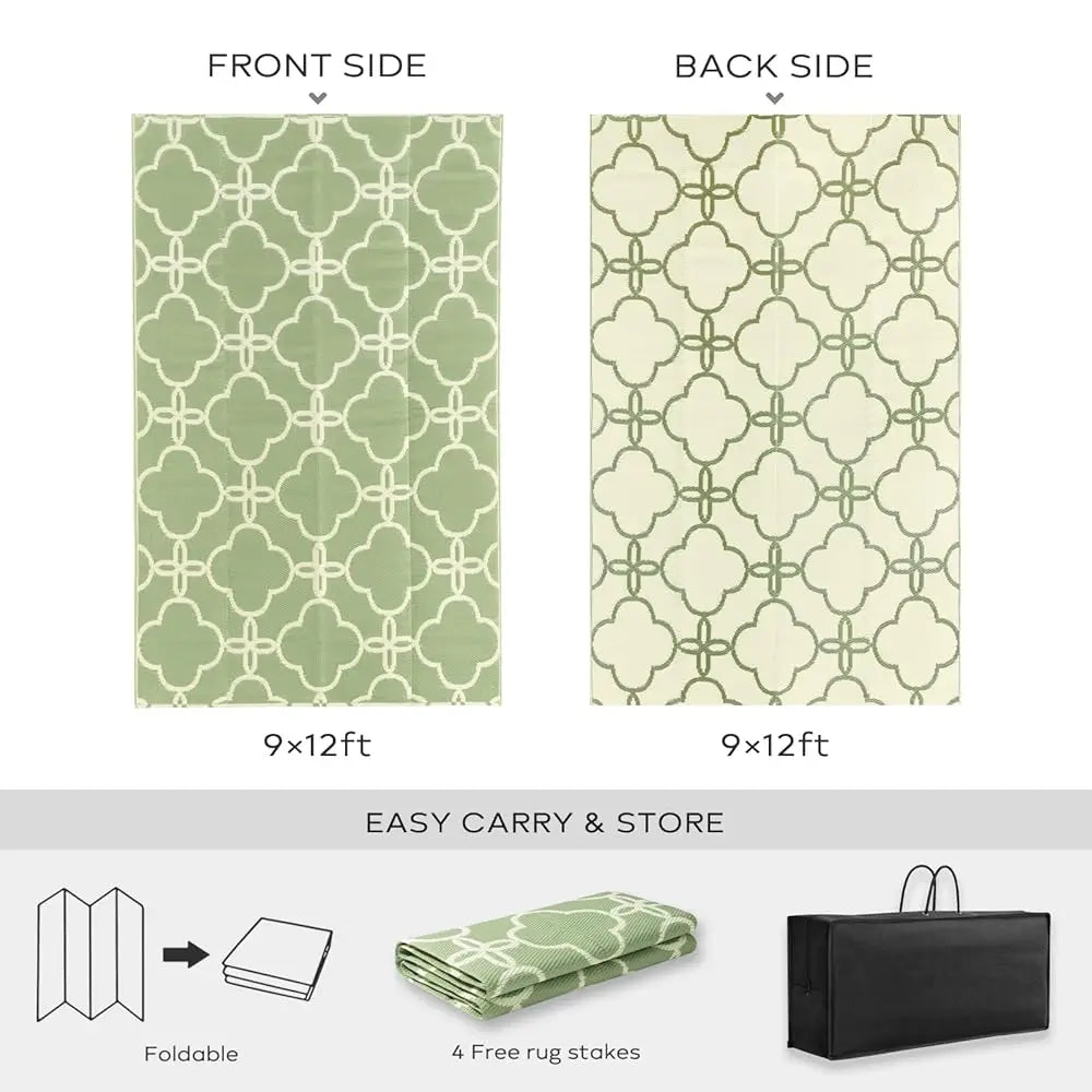 Ashler Sage Green Outdoor Plastic Straw Rug Waterproof For Patio, Reversible Camping Mats, 9X12 Large Outdoor Area Rugs With