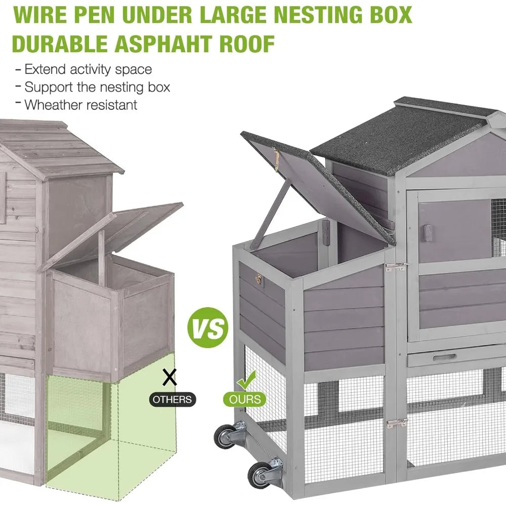 Chicken Coop On Wheels Chicken House Wooden Hen House Duck Coop with Large Nesting Box for 2-4 Chickens (Grey)