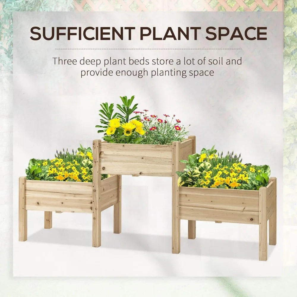 Outsunny Raised Garden Bed with 3 Planter Box, Elevated Wooden Plant Stand with Drainage Holes, for Vegetables, Herb and Flowers