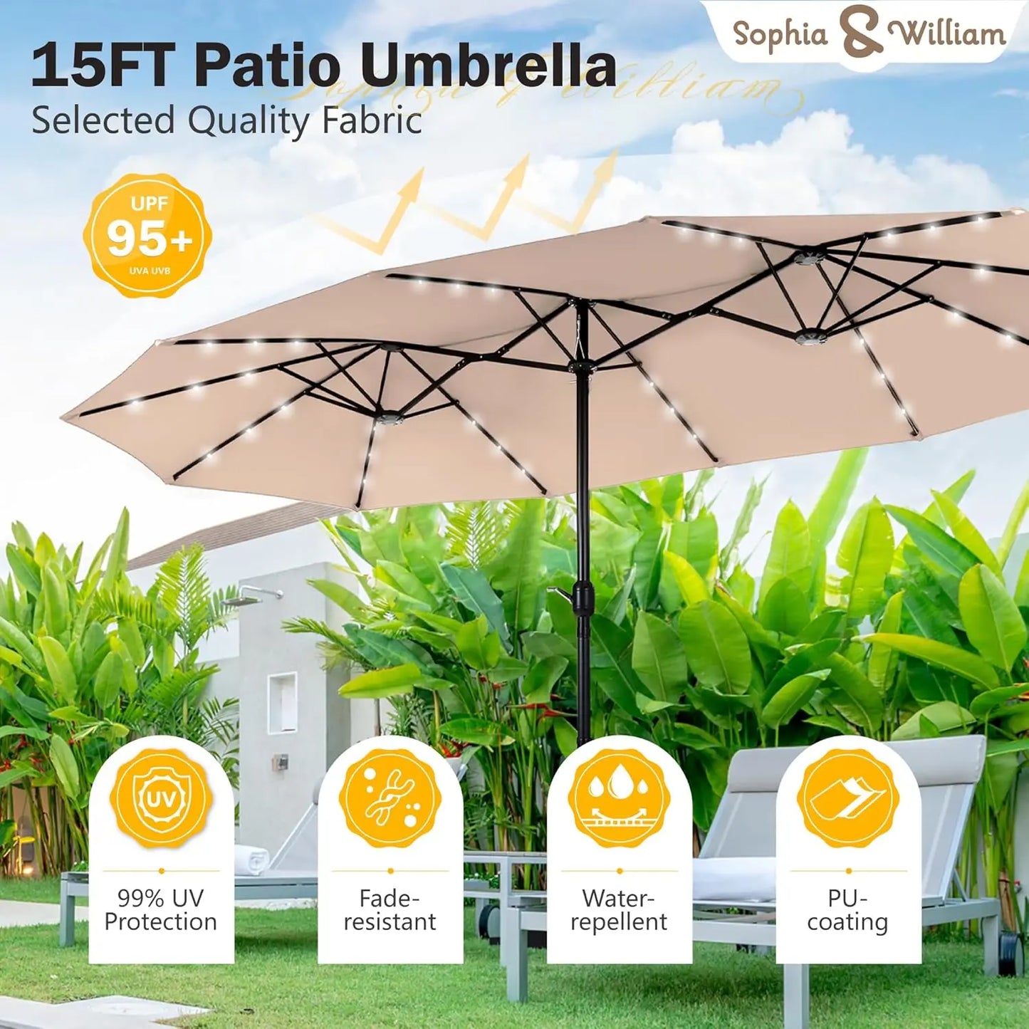 15 ft Extra Large Patio Umbrella with Solar Lights, Rectangular Outdoor Umbrella with Base Included, Market Umbrella Double