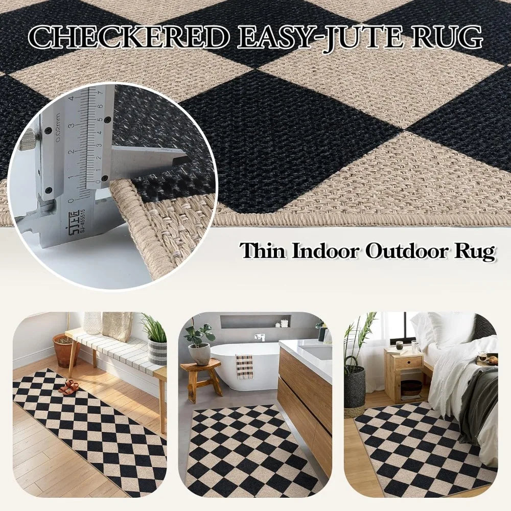 Checkered Easy Jute 3x5 Outdoor Patio Rug, Washable Rugs, Farmhouse Neutral Non Slip Black Door Carpet for Backyard Bedroom, Rug