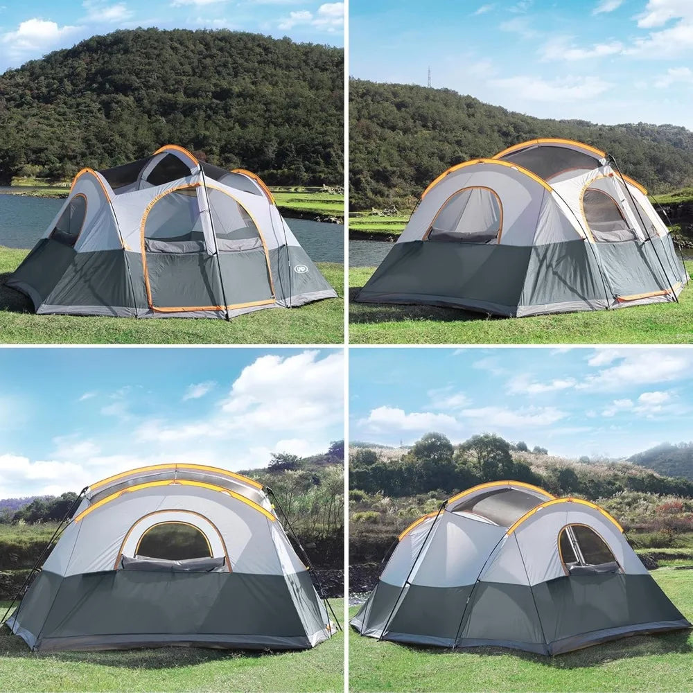 UNP Camping Tent 8/9 Person, Family Camping Tent, 5 Large Ventilation Mesh Windows, 14'x14'x78 inches Tall with Dividers Curtain