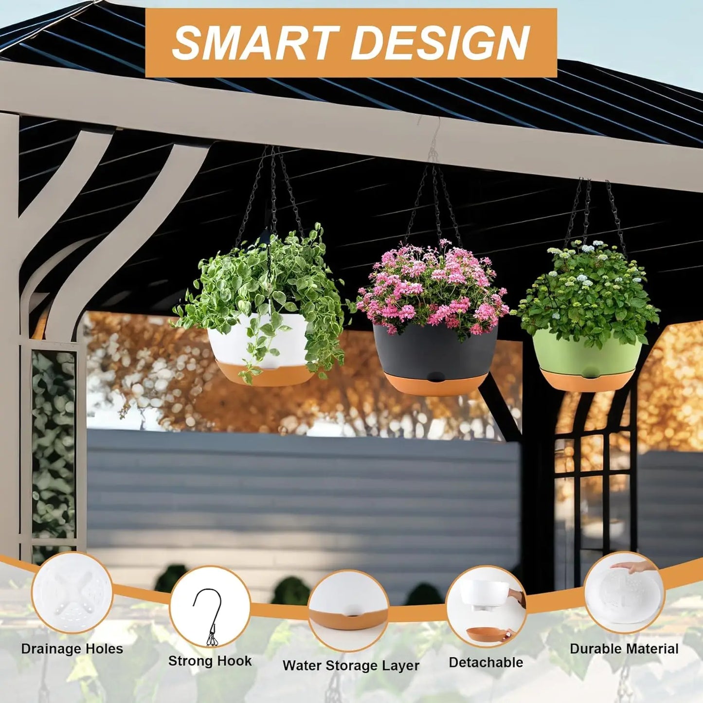 3-Pack 10-Inch Self-Watering Hanging Planters – Indoor/Outdoor Use