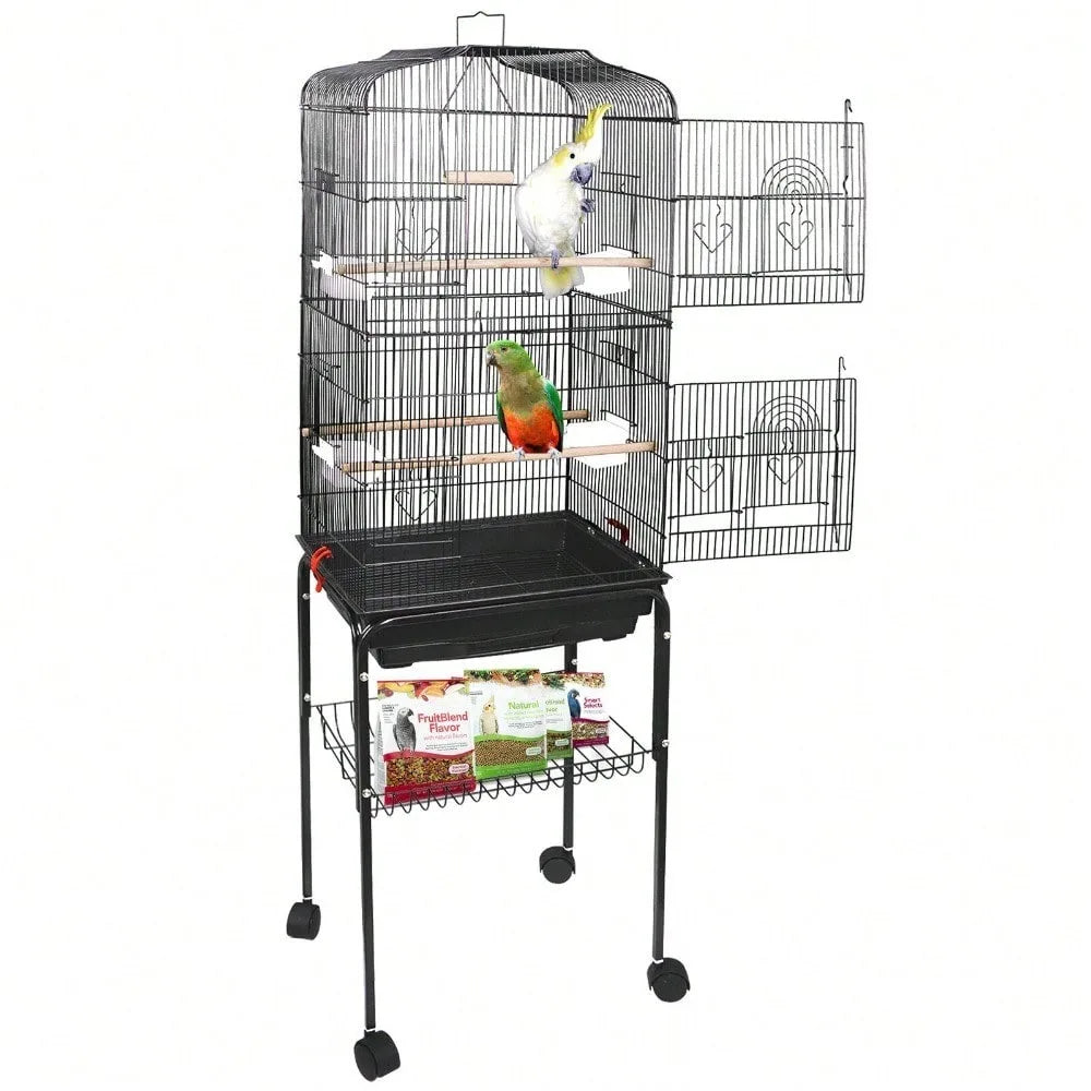 59''H Rooling Bird Cage Cockatiel Parakeet Finch Canary Home with Stand & Tray