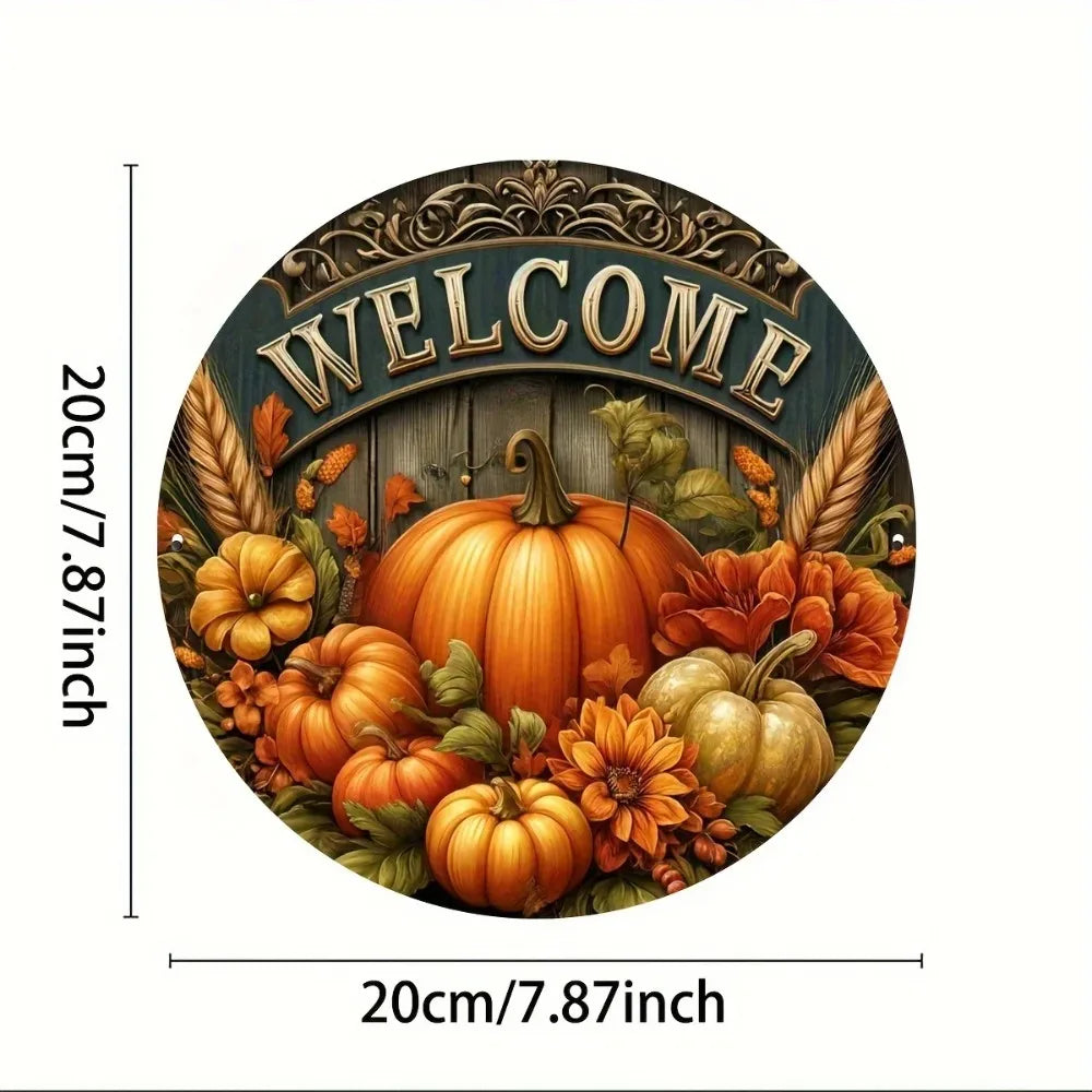 Tin Painting - 8" Round Metal Sign Welcome | Fall Harvest Festival & Thanksgiving Decor | Ideal for Home & Cafe Decorating