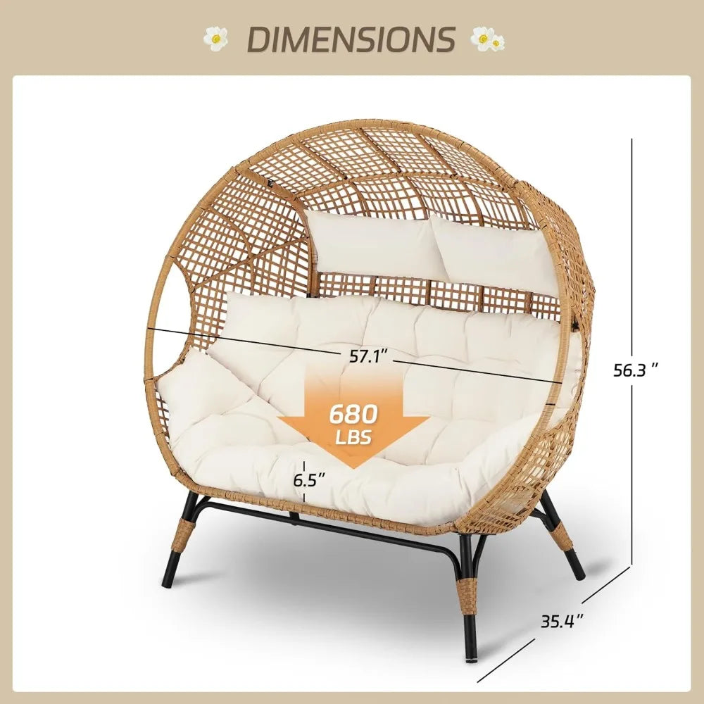 Double Egg Chair Indoor Outdoor 680lbs, 2 Person Brown Wicker Oversized Stationary Egg Chair with Beige Thick Cushion, Patio Wi