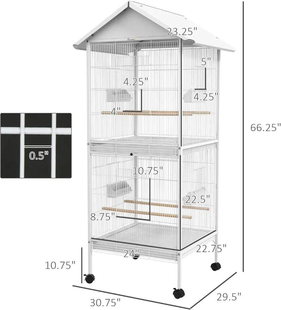 Wrought Metal Bird Cage Feeder with Rolling Stand Perches Food Containers Doors Wheels 67" H, White