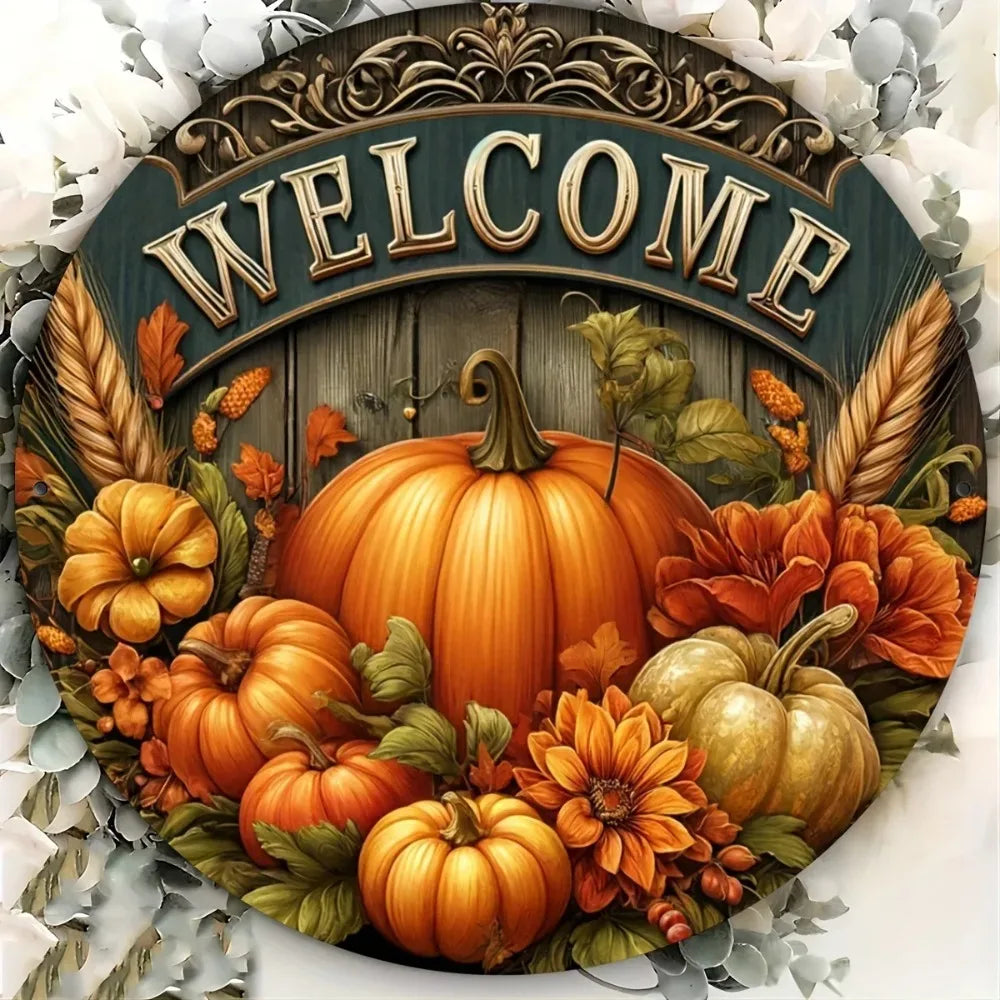 Tin Painting - 8" Round Metal Sign Welcome | Fall Harvest Festival & Thanksgiving Decor | Ideal for Home & Cafe Decorating
