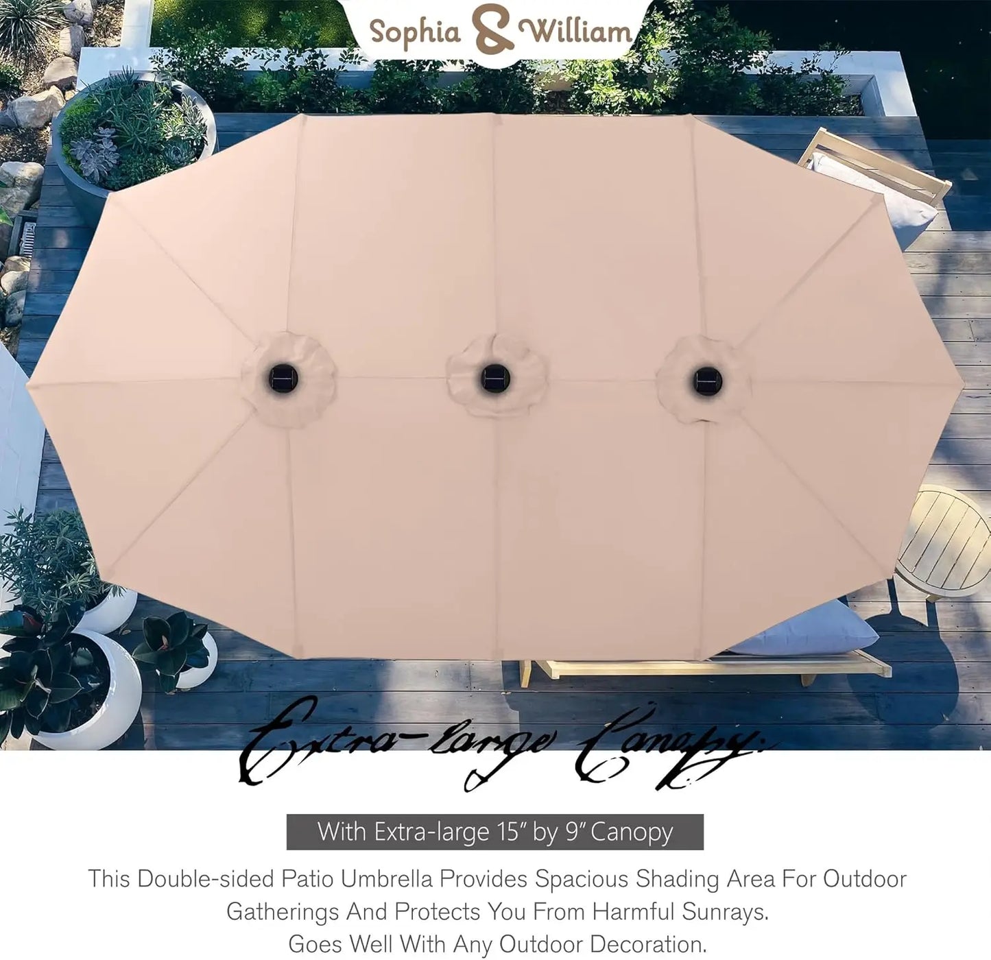 15 ft Extra Large Patio Umbrella with Solar Lights, Rectangular Outdoor Umbrella with Base Included, Market Umbrella Double