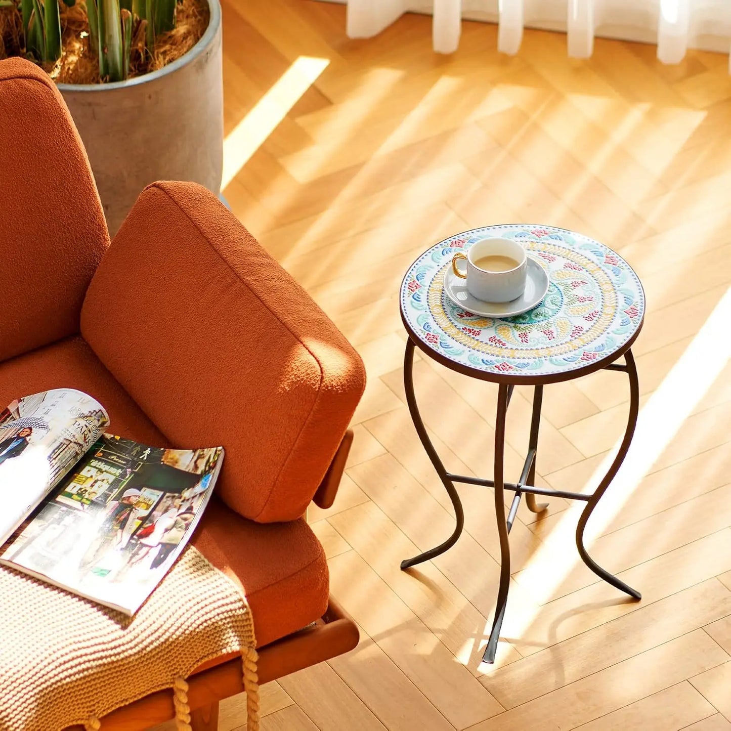 21" Mosaic Plant Stand, 14 Inch Round Side Table with Ceramic Tile Top, Indoor and Outdoor Accent Table
