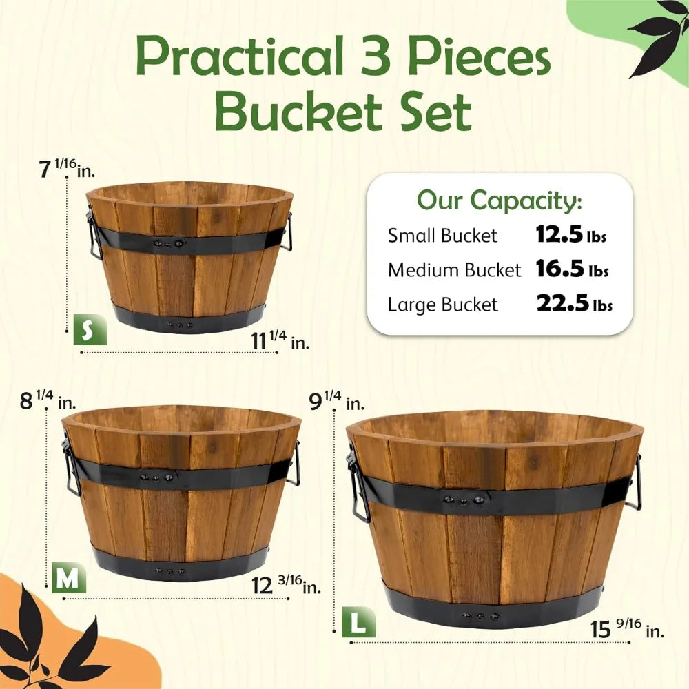 Set of 3, with Ergonomic Handles, Drainage Holes, Multiple Sizes Wood Bucket Planter Light Brown, Flower Pots