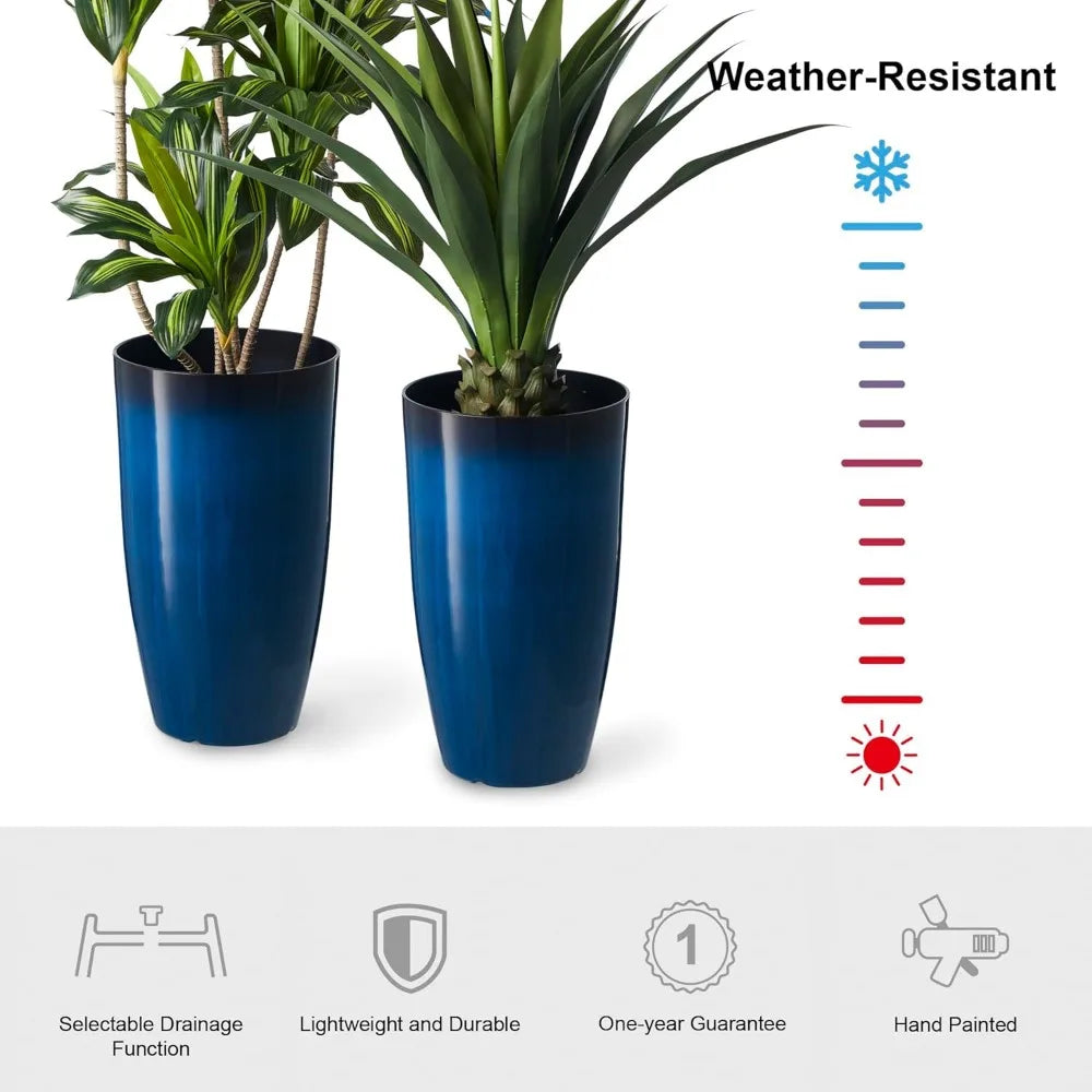 Oversized Tall Round Tapered Planter, Set of 2 Large Gradient Cobalt Blue Faux Ceramic Tall Planters Pots,