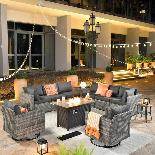 11 Piece Outdoor Patio Furniture Set with Fire Pit Table,Conversation Sectional Wicker Couch with Swivel Chairs