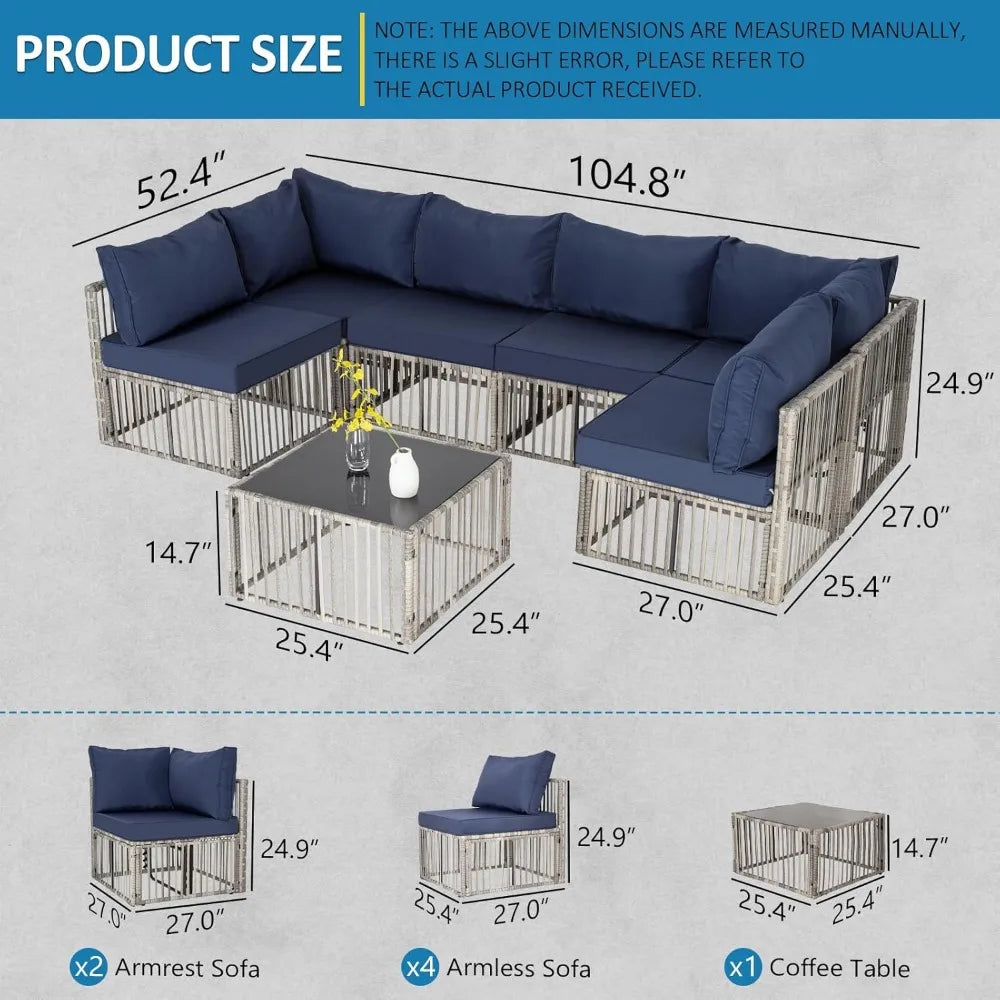 7 Pieces Outdoor Patio Furniture Set, Wicker Outdoor Sectional Conversation Couch Set with Adjustable Backrest Sofa, Blue Cushio