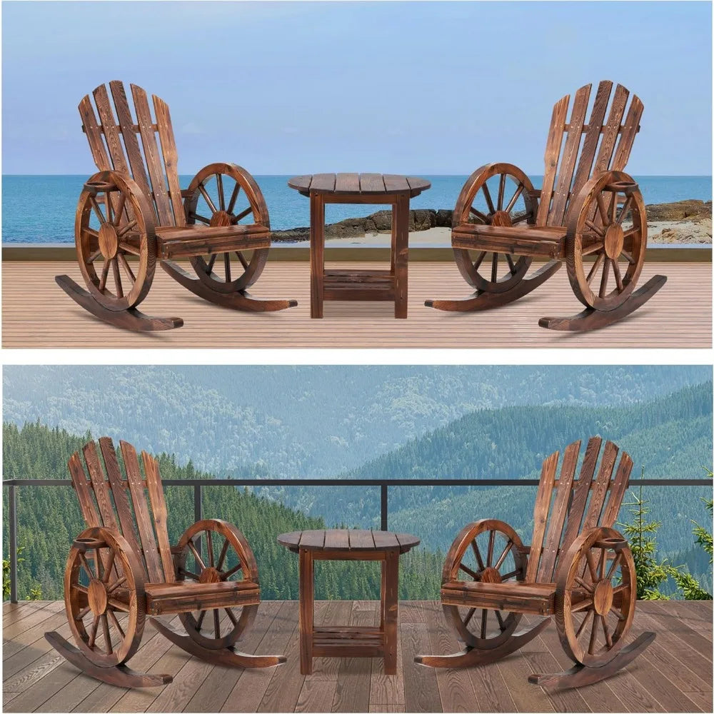 3 Pieces Outdoor Wood Rocking Chair Set, 2 Patio Decor Yard Glider Rocking Chairs with 1 Side Table, Adirondack Rocking Chair f