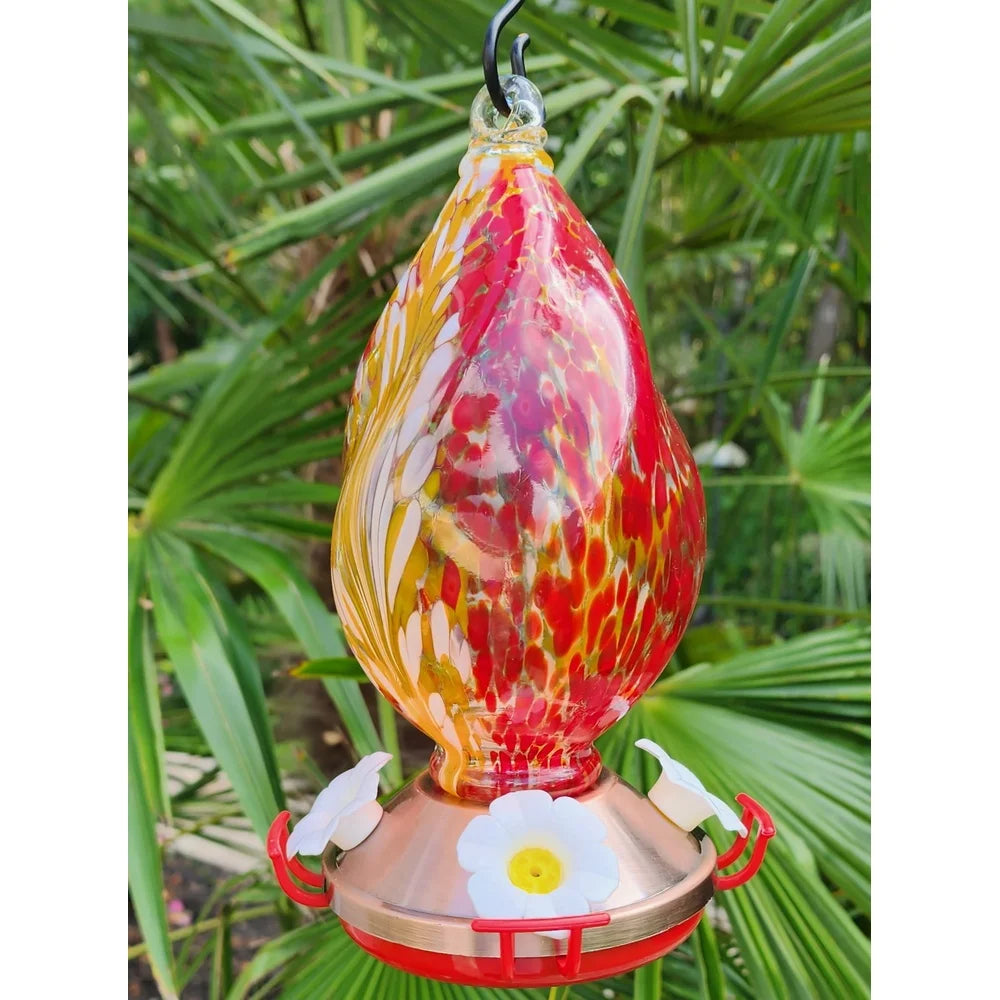 Hand-Blown Glass Hummingbird Feeder Unique Red Swirl Design Copper Base Durable Leak-Proof Easy Clean Garden Decor Gift